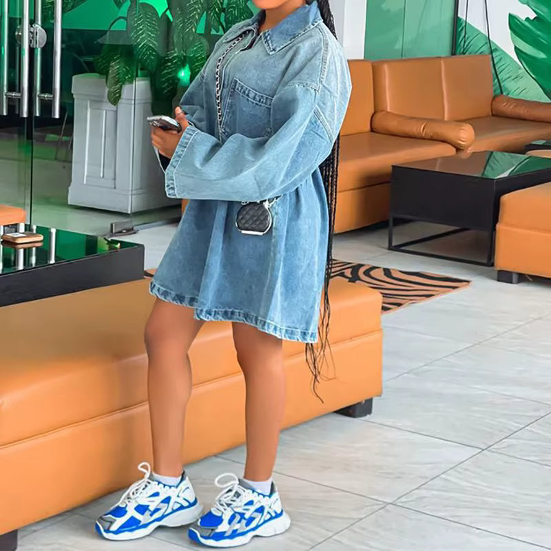 Casual Long Sleeve Pockets Turn-down Collar Front Zipper Denim Dress