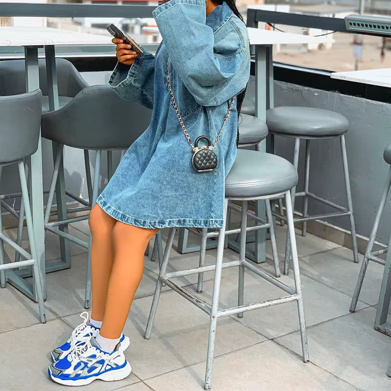 Casual Long Sleeve Pockets Turn-down Collar Front Zipper Denim Dress