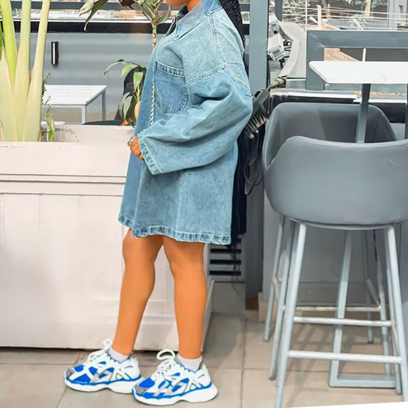 Casual Long Sleeve Pockets Turn-down Collar Front Zipper Denim Dress