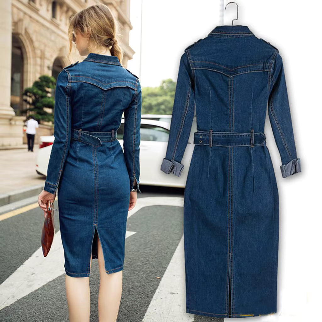 Casual Long Sleeve Slim Wrap Hip Jeans Office Style Mid-Cuff Dress Streetwear