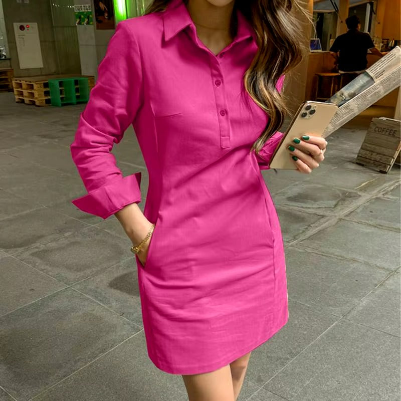 Casual Long Sleeve Buttons Pockets Loose Mini Dress