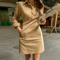 Casual Long Sleeve Buttons Pockets Loose Mini Dress