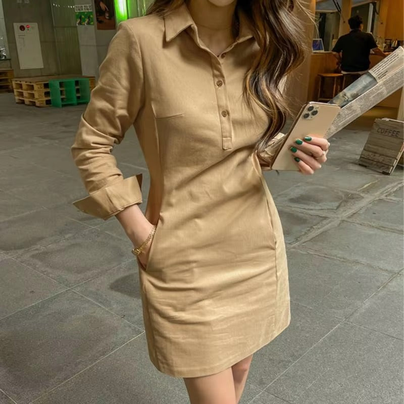 Casual Long Sleeve Buttons Pockets Loose Mini Dress