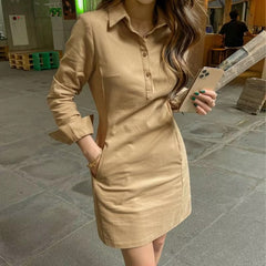Casual Long Sleeve Buttons Pockets Loose Mini Dress