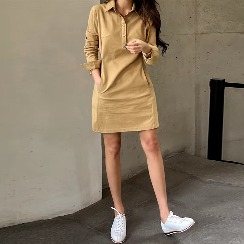 Casual Long Sleeve Buttons Pockets Loose Mini Dress