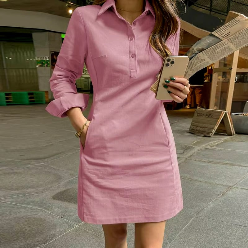 Casual Long Sleeve Buttons Pockets Loose Mini Dress