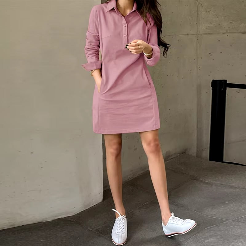 Casual Long Sleeve Buttons Pockets Loose Mini Dress