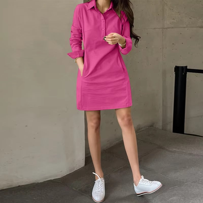 Casual Long Sleeve Buttons Pockets Loose Mini Dress