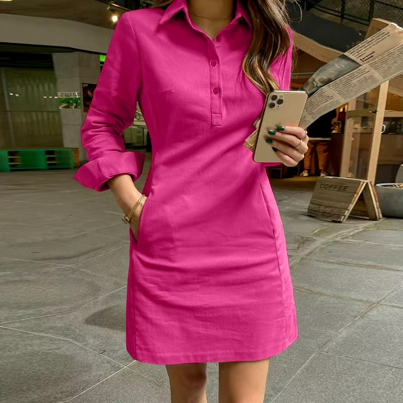 Casual Long Sleeve Buttons Pockets Loose Mini Dress