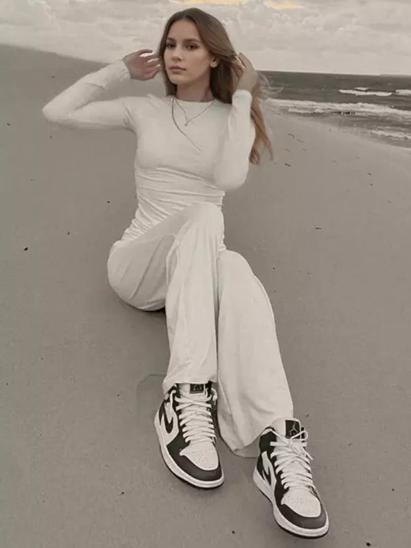 Casual Long Sleeve Top And Wide Leg Pants Lounge Set