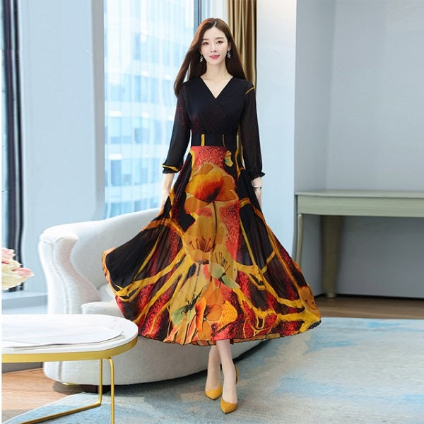 Casual Long Sleeve V Neck Chiffon Dress