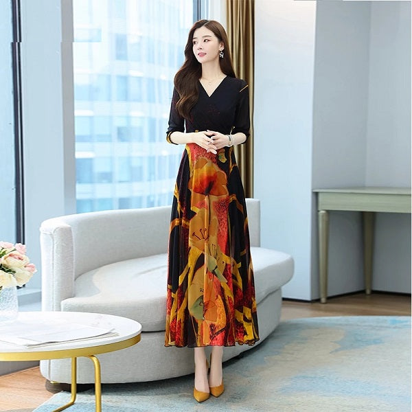 Casual Long Sleeve V Neck Chiffon Dress