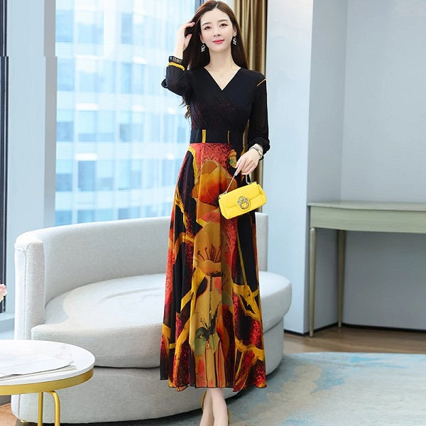 Casual Long Sleeve V Neck Chiffon Dress