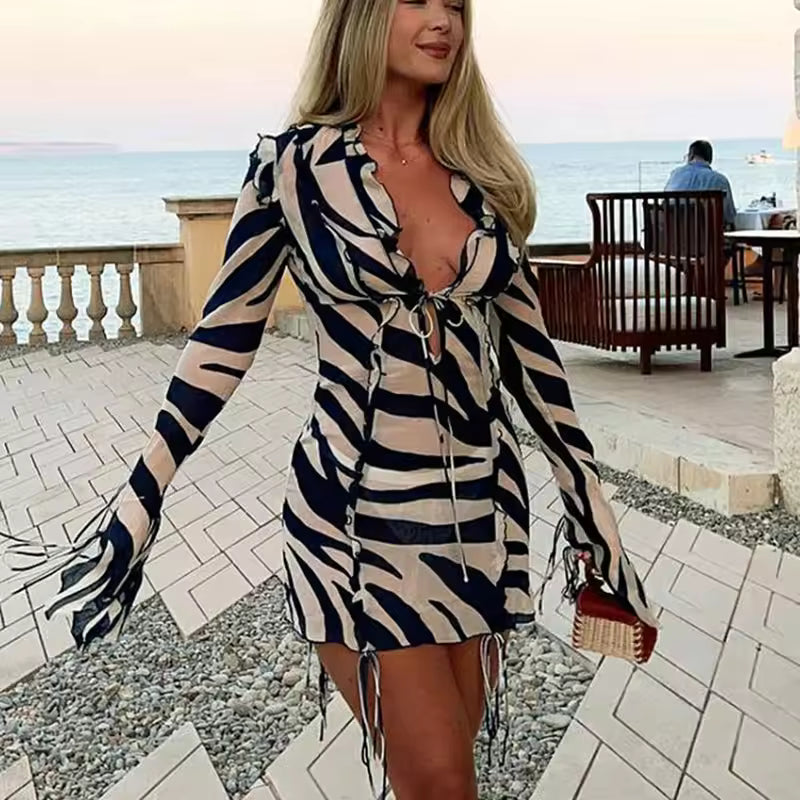 Casual Long Sleeve V-Neck Zebra Print Ruffled Bow Tie Up Mini Dress
