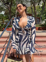 Casual Long Sleeve V-Neck Zebra Print Ruffled Bow Tie Up Mini Dress