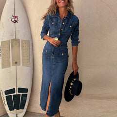 Casual Long Sleeved Split Vintage Turn-down Collar Button Slim High Street A-line Denim Dress
