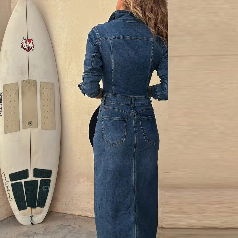 Casual Long Sleeved Split Vintage Turn-down Collar Button Slim High Street A-line Denim Dress