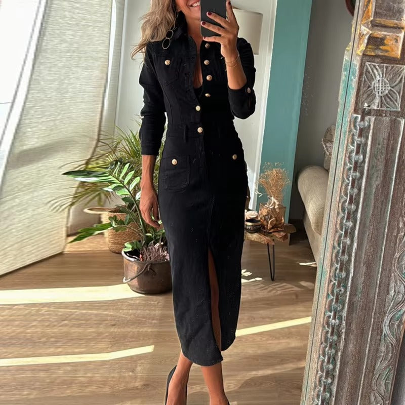 Casual Long Sleeved Split Vintage Turn-down Collar Button Slim High Street A-line Denim Dress