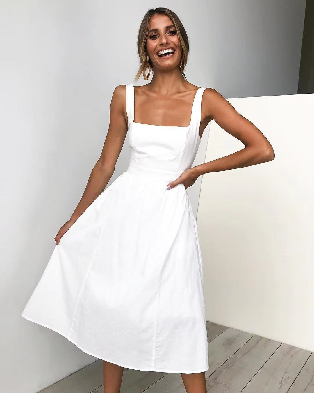 Casual Long Sleeveless Straps Solid Casual Dress