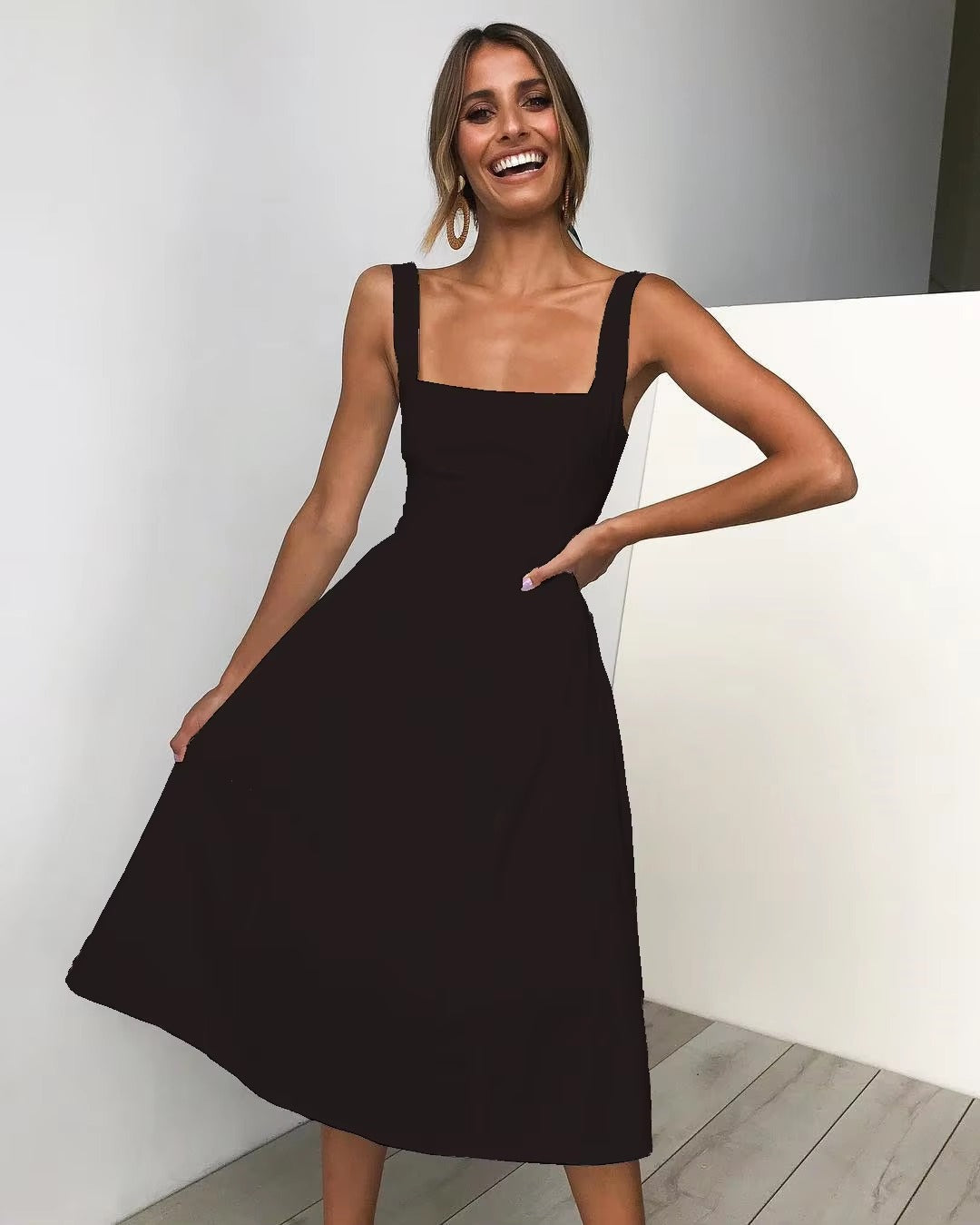 Casual Long Sleeveless Straps Solid Casual Dress