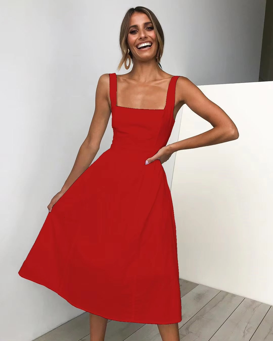 Casual Long Sleeveless Straps Solid Casual Dress