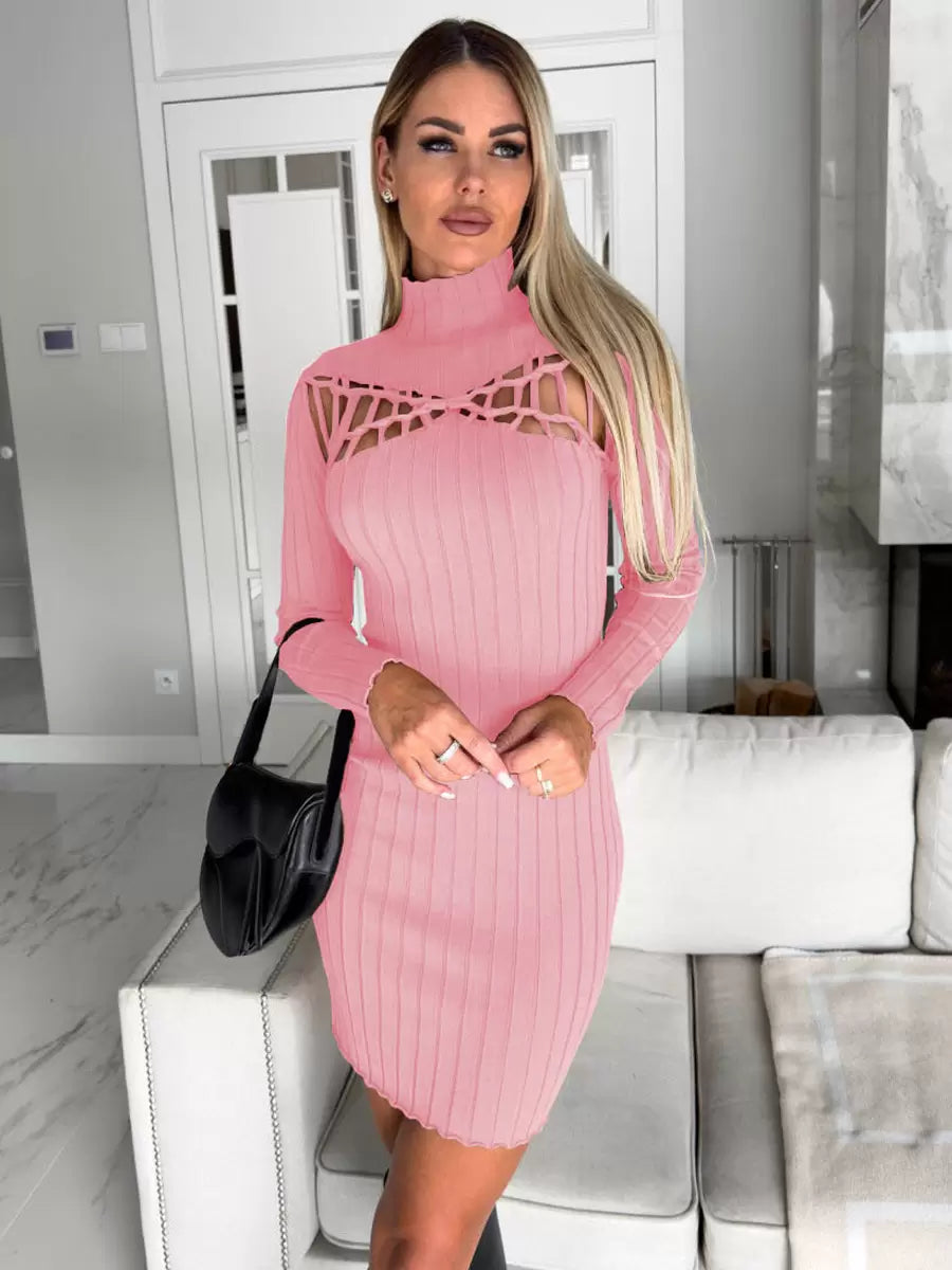 Casual Long Sleeves Cutout High Collar Short Dress