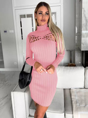 Casual Long Sleeves Cutout High Collar Short Dress