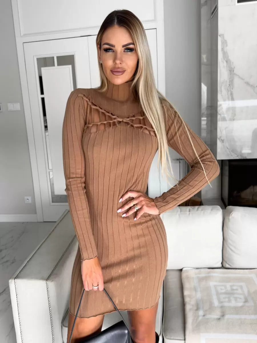 Casual Long Sleeves Cutout High Collar Short Dress