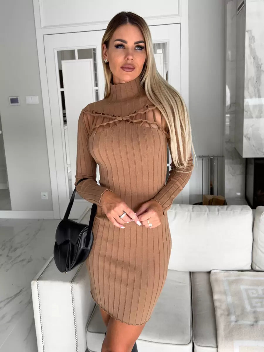 Casual Long Sleeves Cutout High Collar Short Dress