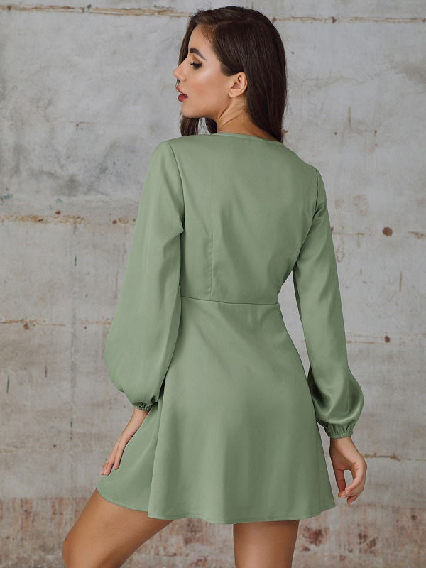 Casual Solid Color Long Sleeves Flared Midi Tunic Dress