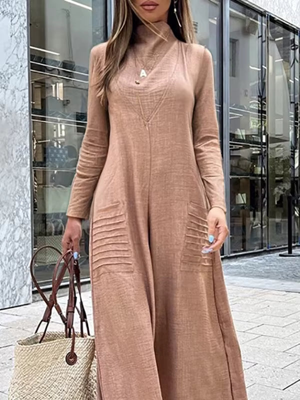 Casual Long Sleeves High Waisted Wide Leg Long Pant With Pockets Jumpsuits