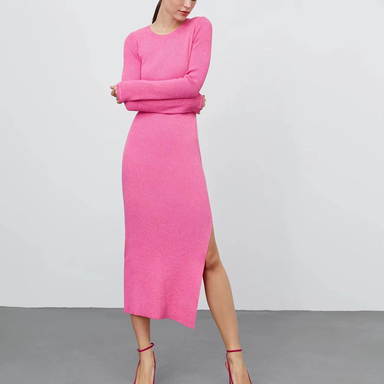 Casual Long Sleeves Low-slit Jewel Neck Knitted Midi Dress