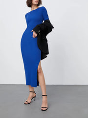 Casual Long Sleeves Low-slit Jewel Neck Knitted Midi Dress