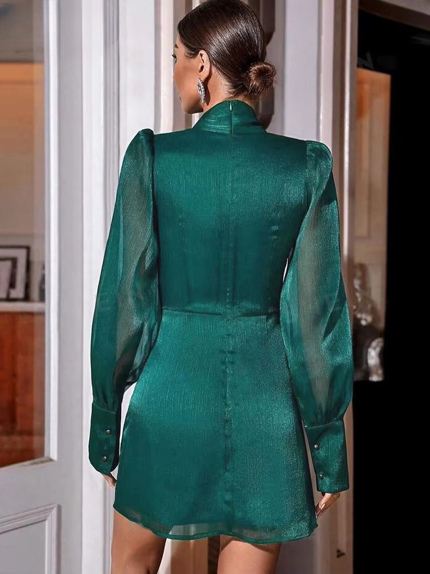 Casual Loose Bow Collar Long Sleeve Elegant Classic Mini Dresses