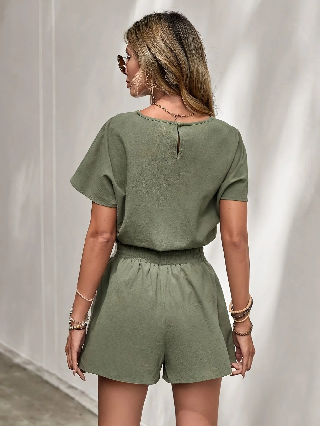 Casual Loose Comfortable Round Neck Elastic Waist Shorts Top Trouser Playsuit