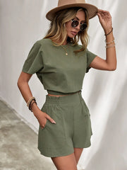 Casual Loose Comfortable Round Neck Elastic Waist Shorts Top Trouser Playsuit