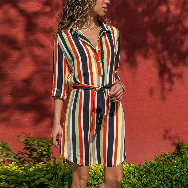 Casual Loose Long Sleeve Stripe Print Shirt Dress