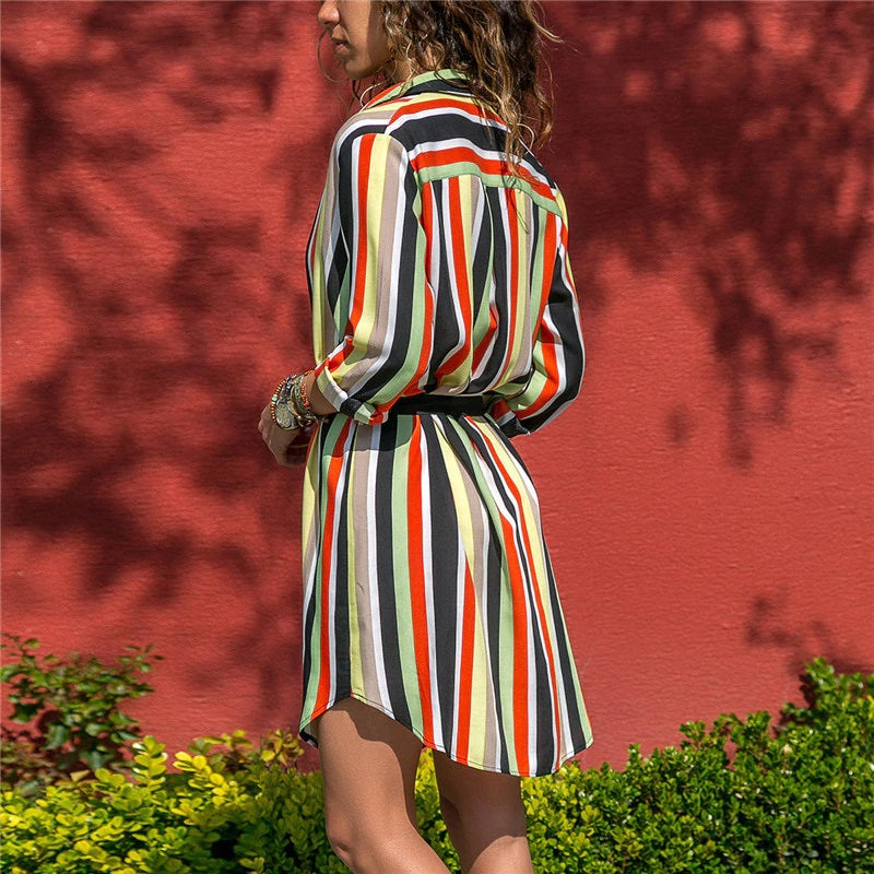 Casual Loose Long Sleeve Stripe Print Shirt Dress