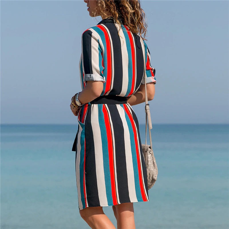 Casual Loose Long Sleeve Stripe Print Shirt Dress