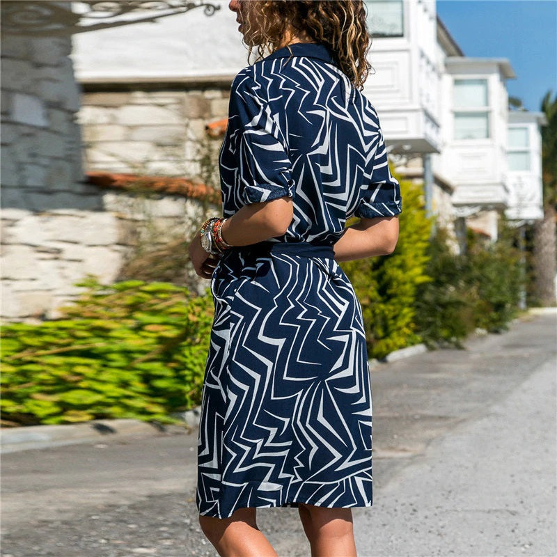 Casual Loose Long Sleeve Stripe Print Shirt Dress