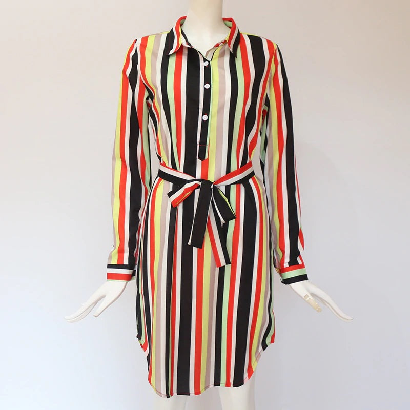 Casual Loose Long Sleeve Stripe Print Shirt Dress