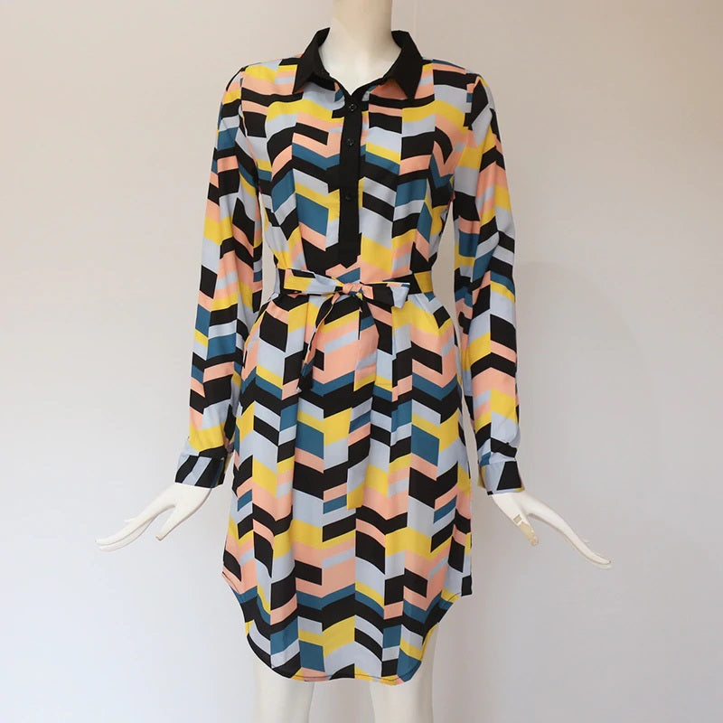 Casual Loose Long Sleeve Stripe Print Shirt Dress