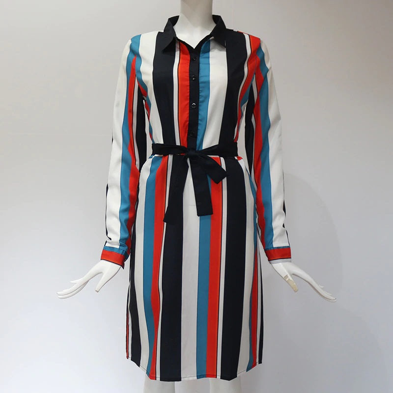 Casual Loose Long Sleeve Stripe Print Shirt Dress