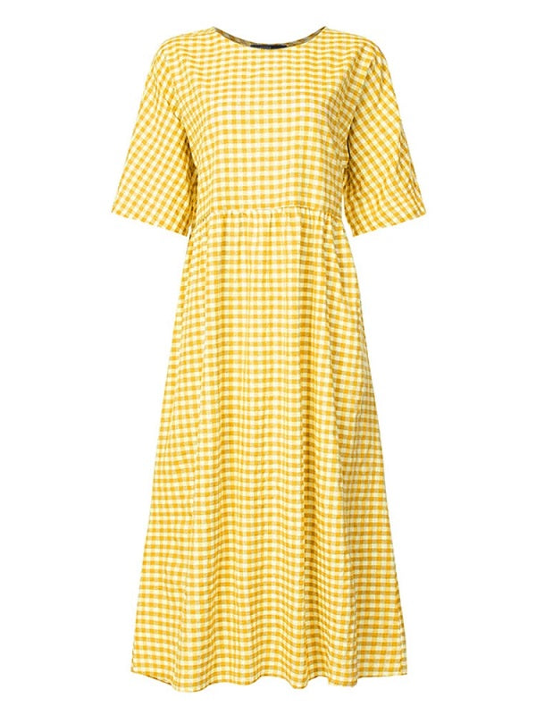 Casual Loose Plaid Print O-Neck Half Sleeve Dress