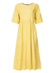 Casual Loose Plaid Print O-Neck Half Sleeve Dress