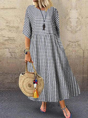 Casual Loose Plaid Print O-Neck Half Sleeve Dress