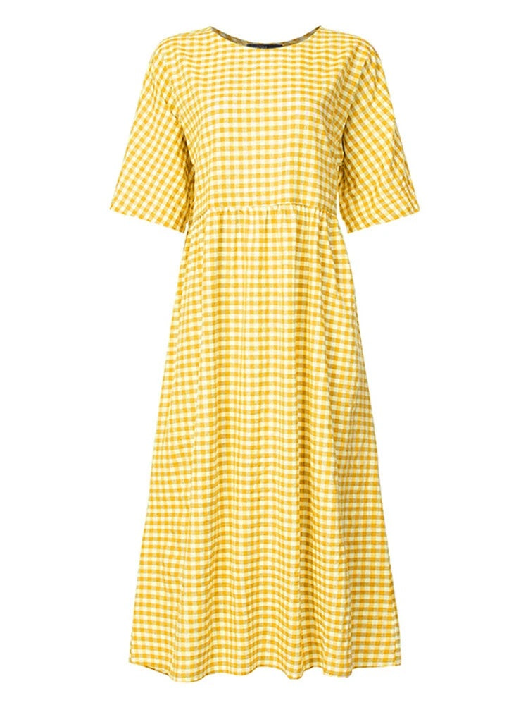 Casual Loose Plaid Print O-Neck Half Sleeve Dress