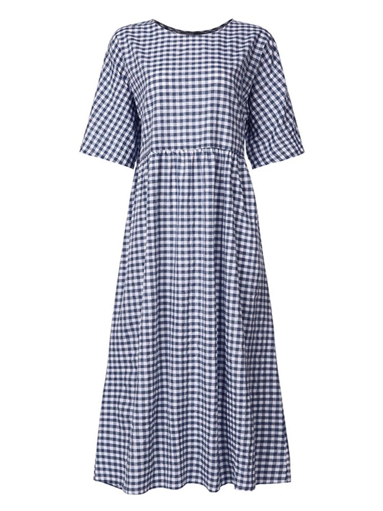 Casual Loose Plaid Print O-Neck Half Sleeve Dress