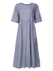 Casual Loose Plaid Print O-Neck Half Sleeve Dress