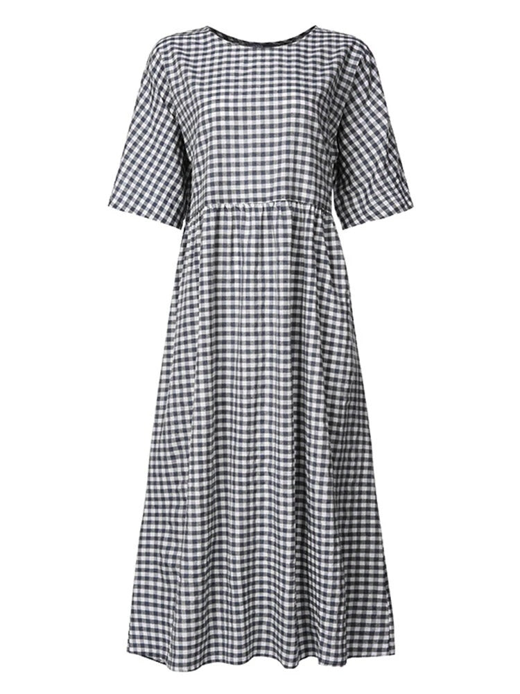 Casual Loose Plaid Print O-Neck Half Sleeve Dress